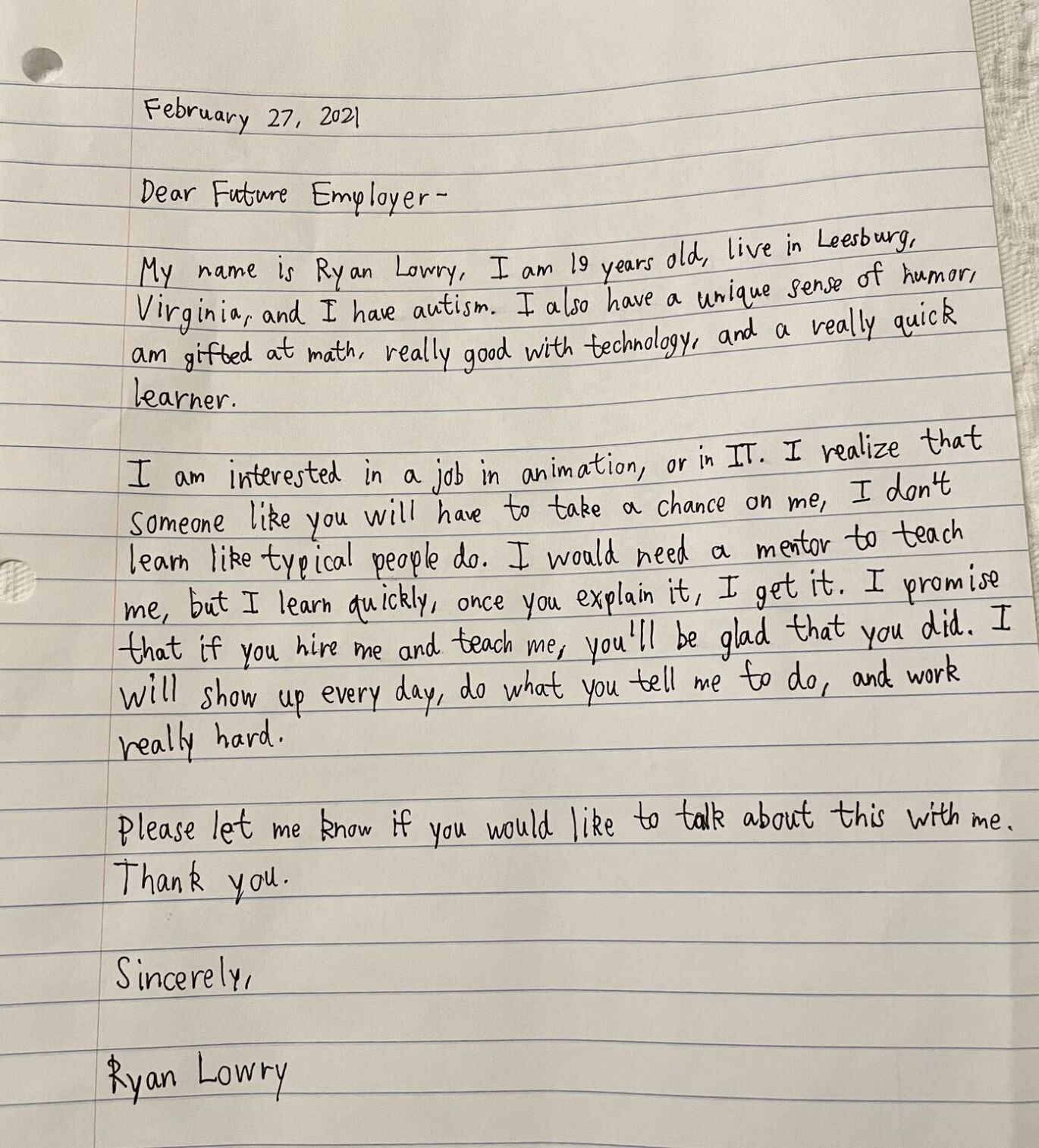 Ryan Lowry letter
